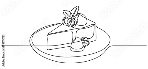 Slice of cake on a plate line drawing. Hand-drawn cheesecake decorated with berries line art. Hand drawn vector illustration with editable stroke. Isolated on transparent background.