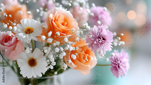 Beautiful bouquet of pastel roses and daisies arranged elegantly in a glass vase, creating a soft and romantic atmosphere for any occasion. Selective focus