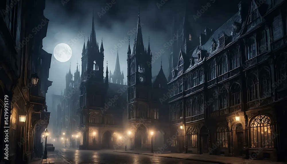 Fototapeta premium Mysterious gothic architecture under a full moon creates an ethereal and evocative street scene.