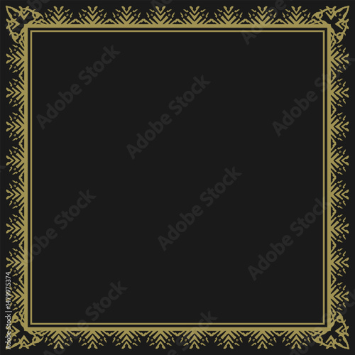 Square golden frame with ethnic vintage ornament and additional border. Black background. Vector illustration