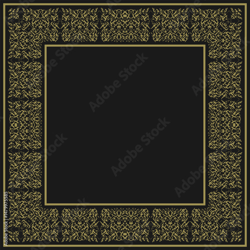 Vintage square frame with complex golden ornament on black background. Vector illustration