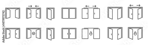 Door icon set. Login logout. Open and close door icons. Entrance or exit signs. Vector illustration
