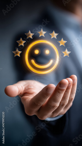 Golden emoticon with five stars floating above businessman's palm, symbolizing outstanding customer service and top tier product satisfaction