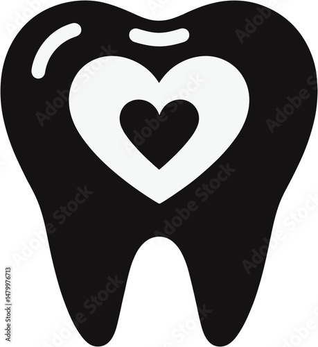 Tooth illustration with heart shape design in monochrome style  