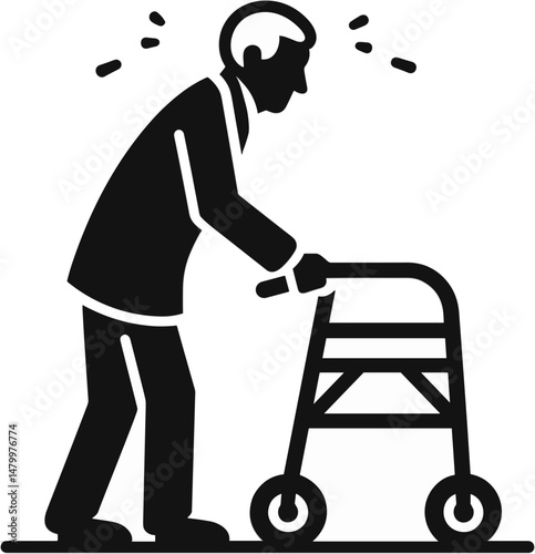 Elderly man walking with a walker while looking concerned  