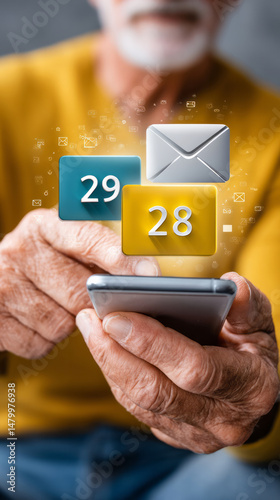 Senior man checking smartphone displaying email and calendar alerts, representing digital connectivity for older adults using modern technology