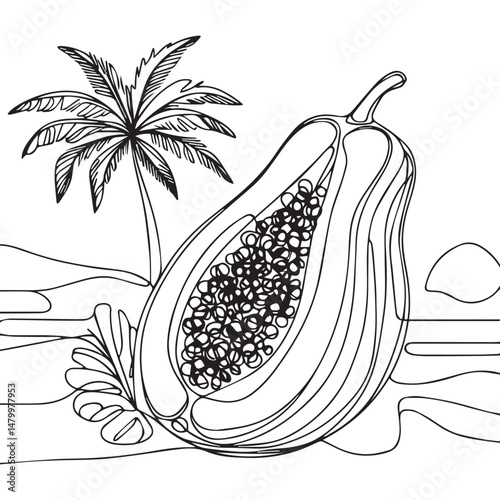 Continuous one single minimal line drawing papaya fruit