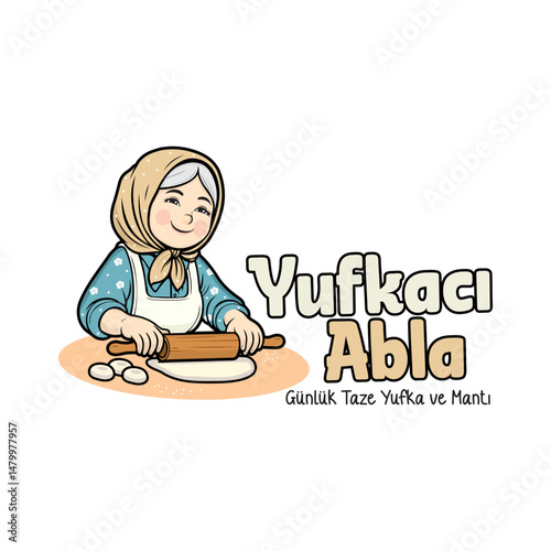 Turkish woman rolling out dough and making yufka - Dough Logo