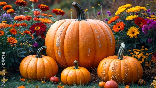Vibrant autumn scene with pumpkins and flowers
