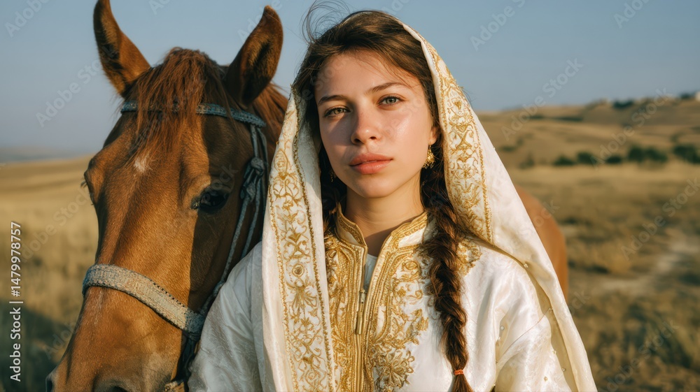 Obraz premium Young woman in traditional attire standing beside a horse in a sunlit golden landscape