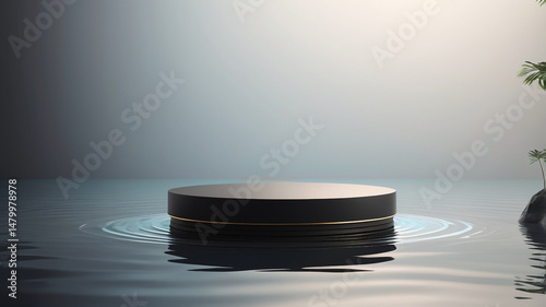 Floating black round podium above clear water with soft reflection and shadows. Minimalistic, elegant setup perfect for product display or branding visuals.