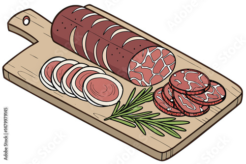 8 salami, charcuterie, cured meat, sliced, wooden cutting board, food photography, realistic, detailed, high quality, 4k