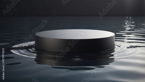 Black podium floating above clear water with soft reflection. Elegant shadows and simple composition highlight modern product display design.