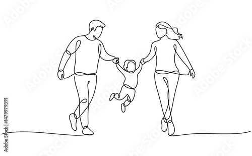 A single continuous line drawing depicts a family of three – a mother, father, and child – walking and interacting.
