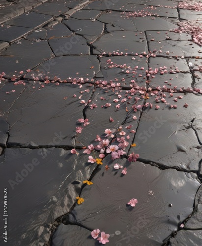 Delicate petals emerge from fractured pavement  , beautiful, natural, growth