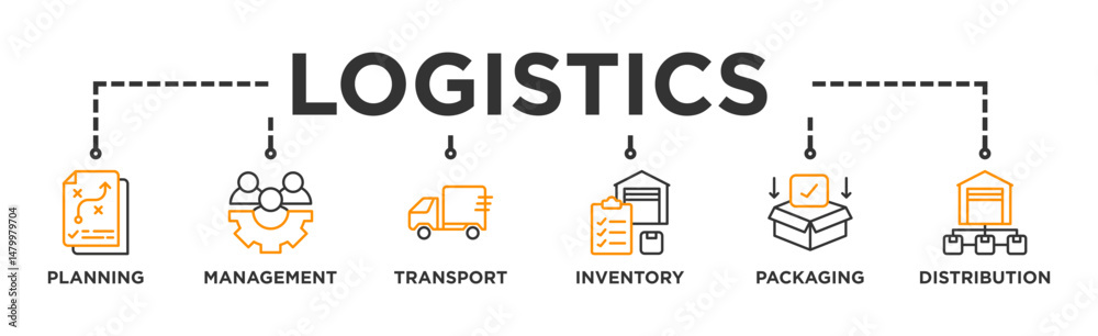 Logistics banner web icon vector illustration concept with icon of planning, management, transport, inventory, packaging, and distribution Logistics banner web icon vector illustration concept with icon of planning, management, transport, inventory, packaging, and distribution