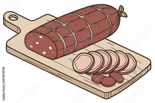 8 salami, charcuterie, cured meat, sliced, wooden cutting board, food photography, realistic, detailed, high quality, 4k