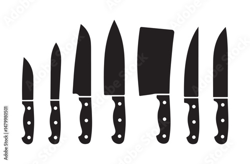 A collection of black silhouettes of various kitchen knives, including chef's knives, paring knives, and a cleaver.