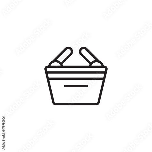 A simple line art icon of a shopping basket with two curved handles and horizontal lines suggesting contents.