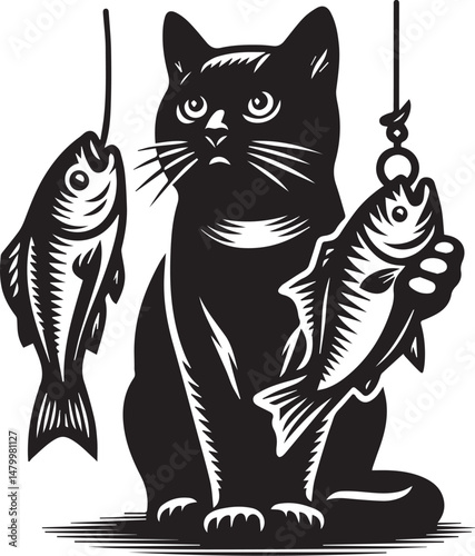 A black cat holding fish on a fishing line, a whimsical illustration. A stylized, black and white illustration of a cat holding two fish caught on a fishing line.