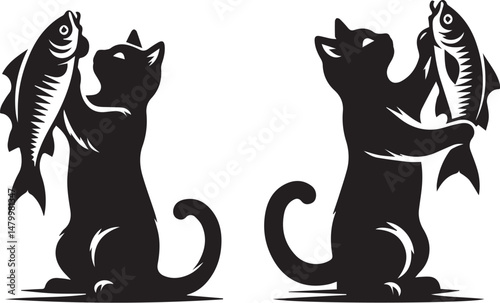 A black cat holding fish on a fishing line, a whimsical illustration. A stylized, black and white illustration of a cat holding two fish caught on a fishing line.