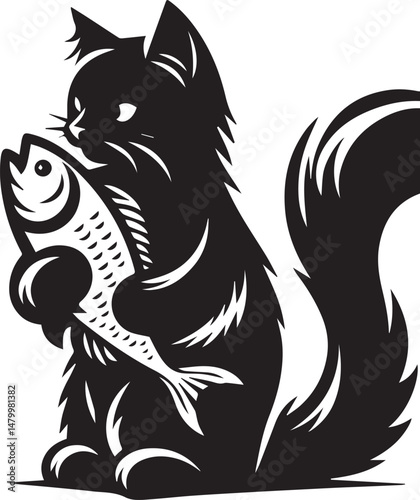 A black cat holding fish on a fishing line, a whimsical illustration. A stylized, black and white illustration of a cat holding two fish caught on a fishing line.