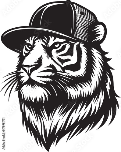 Tigers in gangster in a monochrome illustration. A set of black and white illustrations showcasing tigers in various poses, drinking from water sources.