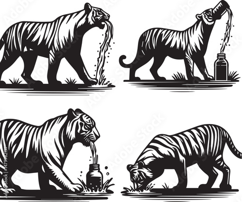 Tigers in gangster in a monochrome illustration. A set of black and white illustrations showcasing tigers in various poses, drinking from water sources.