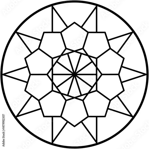 Circular geometric pattern with nested pentagons and radiating lines, creating symmetrical design.
