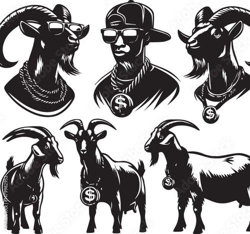 Stylish Goats with Money, a Graphic Design. A set of four stylized goats, depicted in a graphic, black and white style.