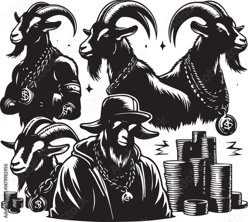 Stylish Goats with Money, a Graphic Design. A set of four stylized goats, depicted in a graphic, black and white style.