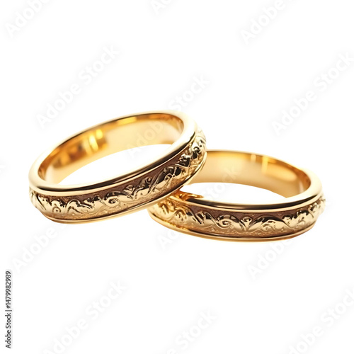 Two elegant golden wedding rings showcasing intricate floral design patterns on white background
