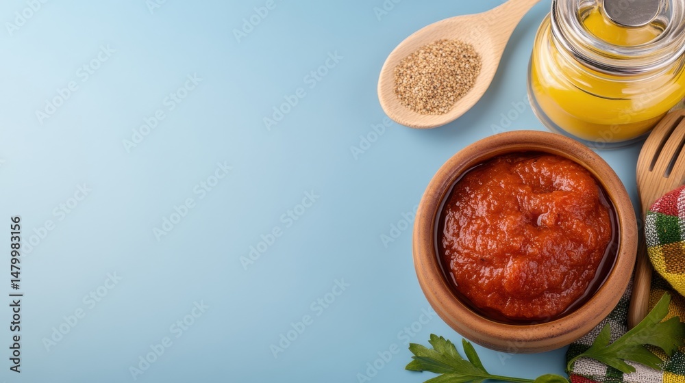 Assorted healthy ingredients including tomato sauce in a wooden bowl alongside olive oil herbs spice spoon and fresh parsley on blue background Assorted healthy ingredients including tomato sauce in a wooden bowl alongside olive oil herbs spice spoon and fresh parsley on blue background
