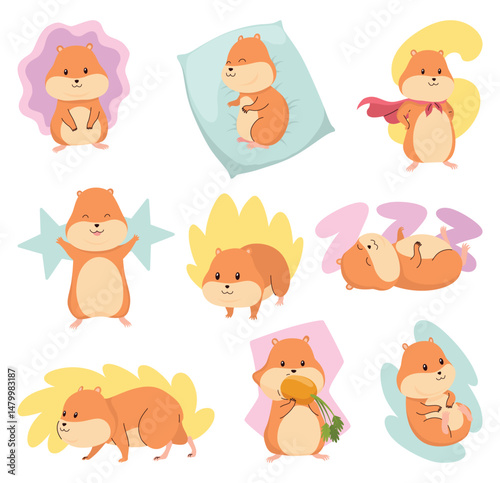 Cartoon hamsters set. Fluffy domestic pets playing and eating, sleeping and running. Funny rodent in different situations. Happy home rodent animal. Vector illustration isolated on white background