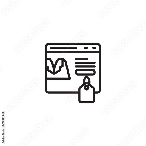 A simple line art icon of a browser window. The left side displays a stylized "M" or mountain graphic, while the right shows horizontal lines and a hanging price tag icon.