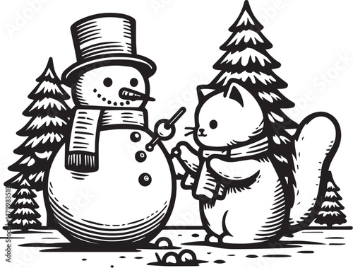 Cute Black Cats with Snowman and Christmas Decorations. A set of whimsical black and white illustrations featuring adorable black cats wearing winter hats and scarves, interacting with a snowman and C