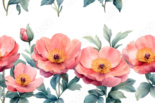 Beautiful watercolor illustration of pink peonies with green foliage on a light background, seamless pattern