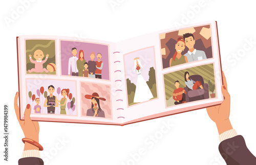 Family photo album. Woman hands holding old photographs. Photography with happy people. Good memory. Vector illustration in cartoon style