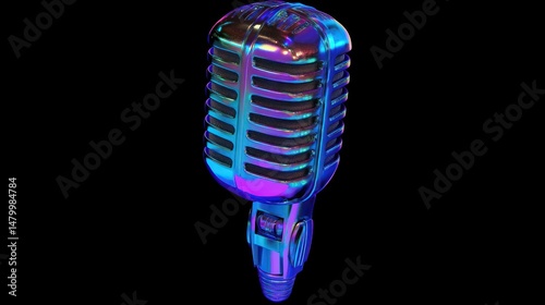 Iridescent retro microphone, vibrant colors, metallic finish, isolated on black