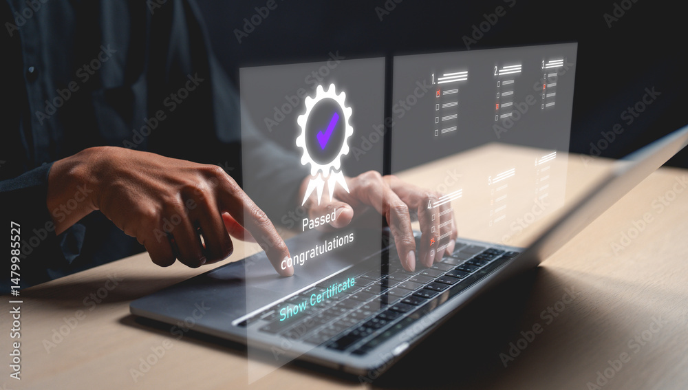 Naklejka premium A person interacts with a laptop displaying a digital certificate and futuristic holographic interface.