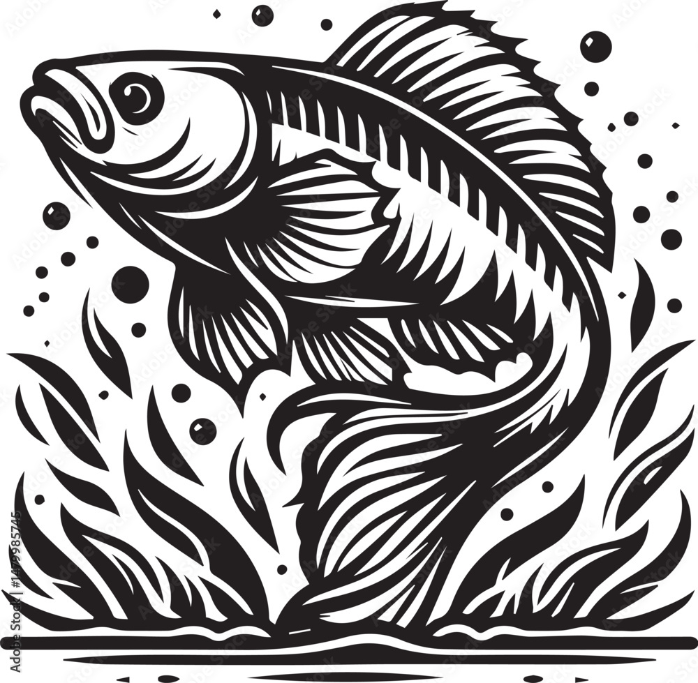 A stylized graphic of a fish leaping from the water. A bold, black and white graphic illustration of a fish leaping out of water. A stylized graphic of a fish leaping from the water. A bold, black and white graphic illustration of a fish leaping out of water.