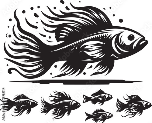 A stylized graphic of a fish leaping from the water. A bold, black and white graphic illustration of a fish leaping out of water.