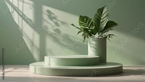 Softly lit green podium with calm atmosphere and natural elements. Ideal for product display, placement product, or eco-friendly marketing visuals.