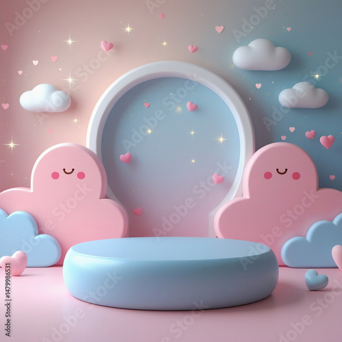 Cute pastel podium with cartoon clouds and hearts. Ideal for product display, placement product, or playful and colorful advertising concepts.