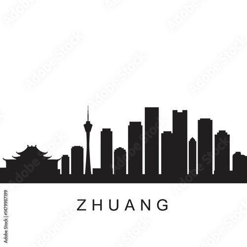 Zhuang City Skyline with China, and Black Silhouette.