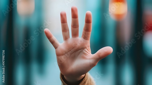 Hand gesture signaling stop with blurred background