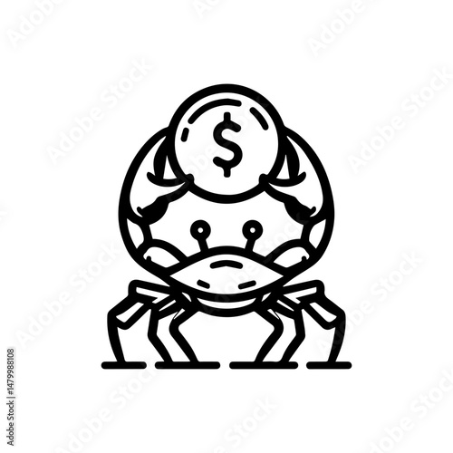 Joyful red cartoon crab clutching shiny gold dollar coin with claws for financial success concept  