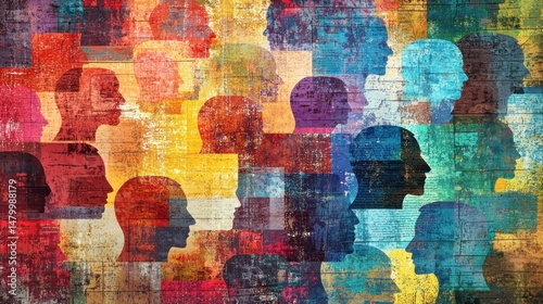 Colorful silhouettes of heads forming a diverse community on a textured background