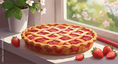 Strawberry pie on windowsill with fresh berries and flowers  
