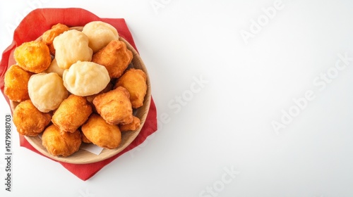 Assorted bite-sized fried snacks on a paper-lined drumstick tray with a touch of crispy golden brown and soft light textures perfect for appetizer or party platter